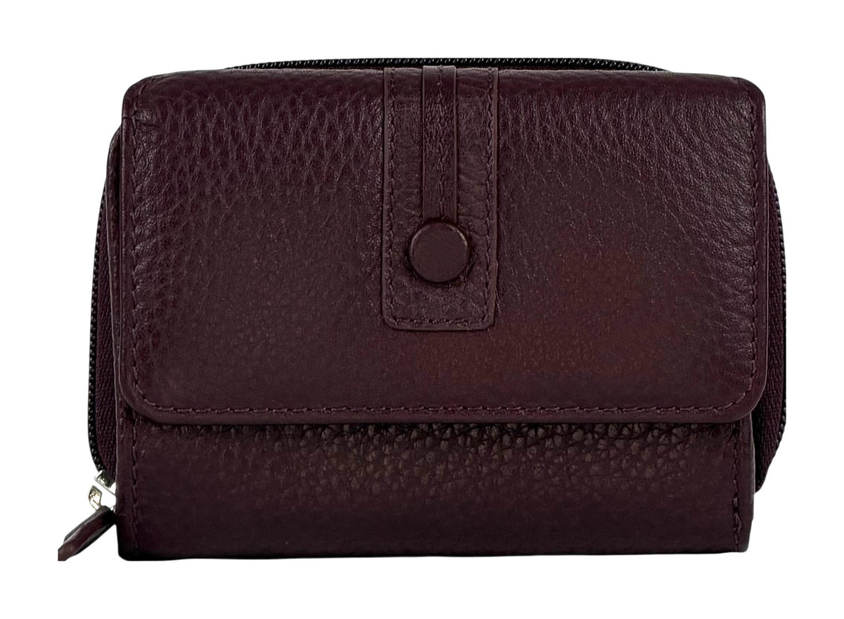 HE215 Burgundy Leather Flap Front Zip Wallet