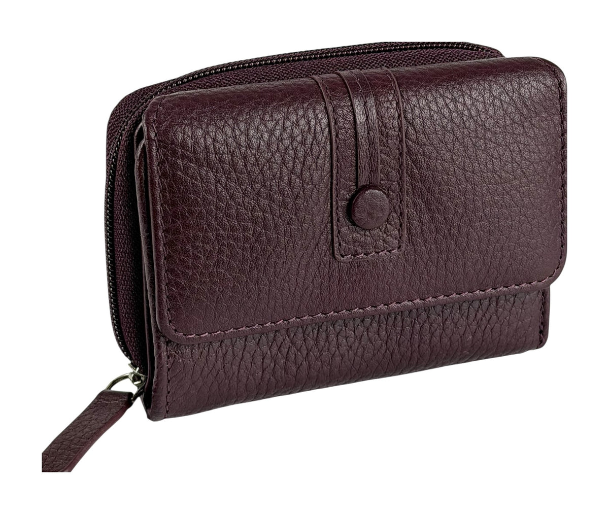 HE215 Burgundy Leather Flap Front Zip Wallet