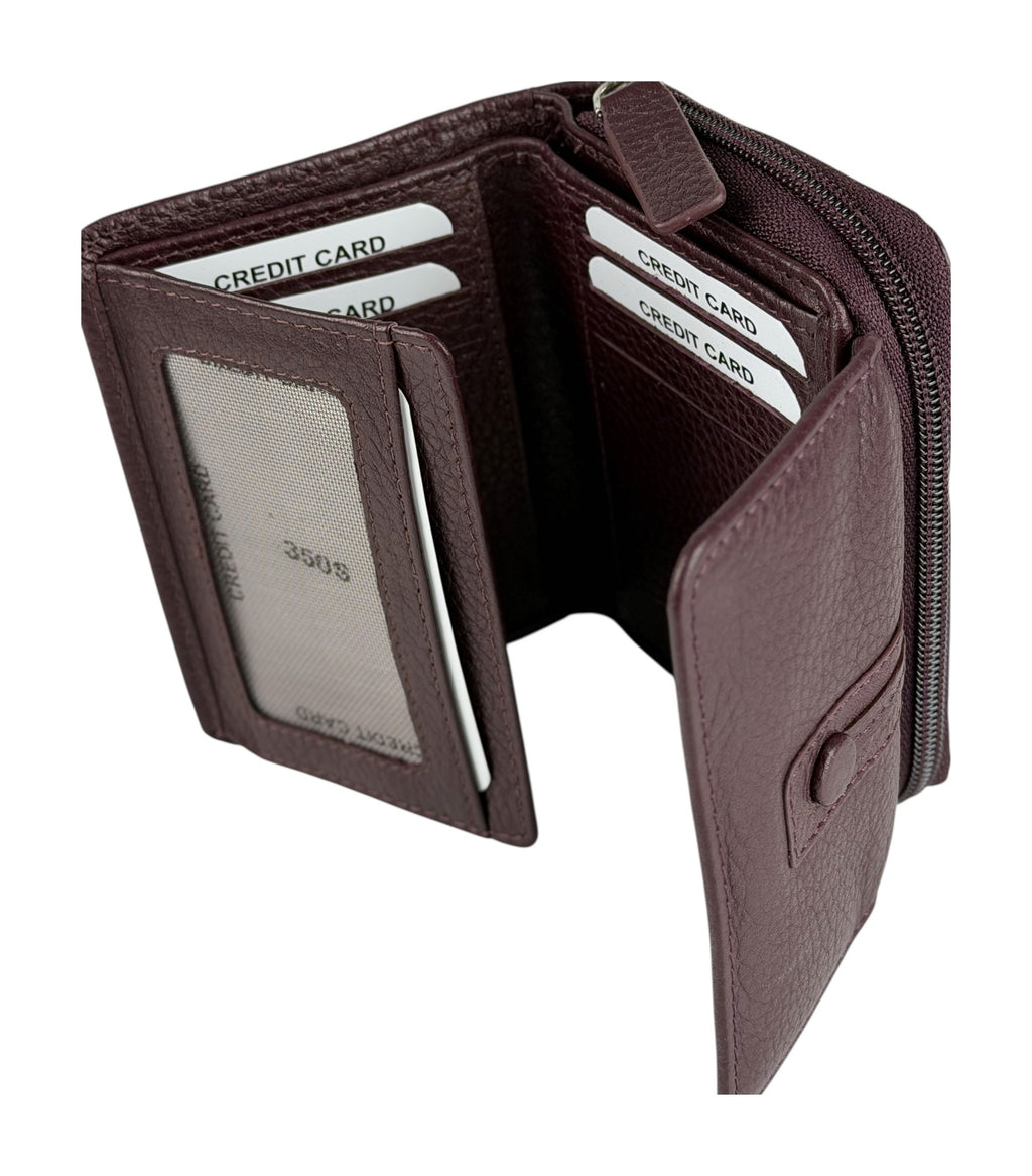 HE215 Burgundy Leather Flap Front Zip Wallet