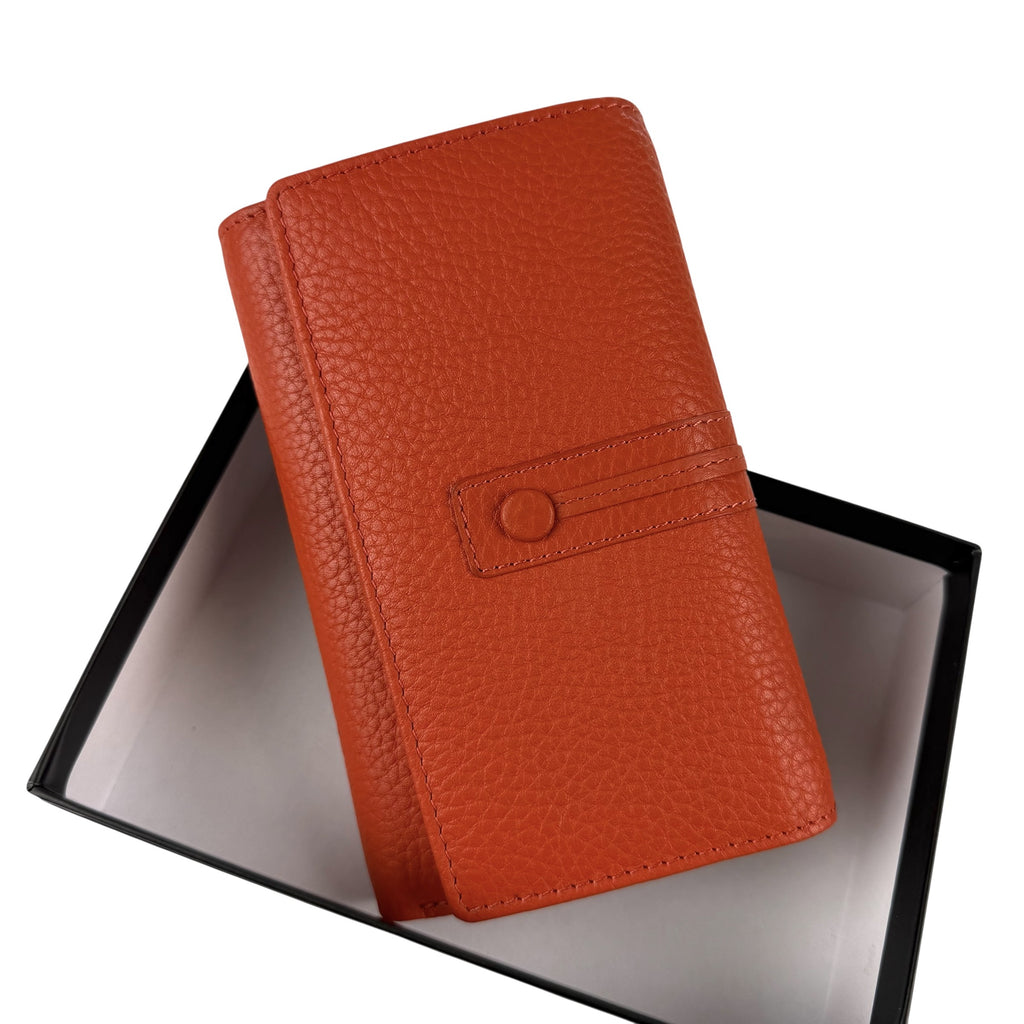 HE249 Papaya Orange Leather Trifold Flap Wallet
