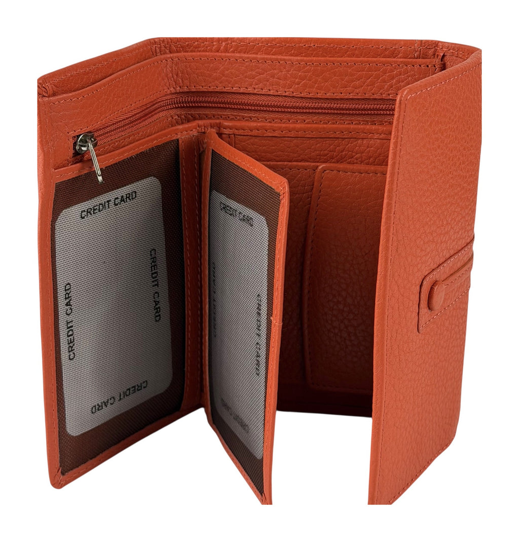 HE249 Papaya Orange Leather Trifold Flap Wallet