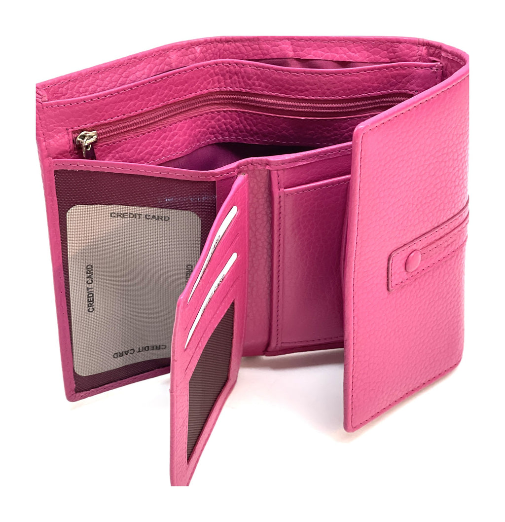 HE251 Fuchsia Leather Trifold Flap Wallet