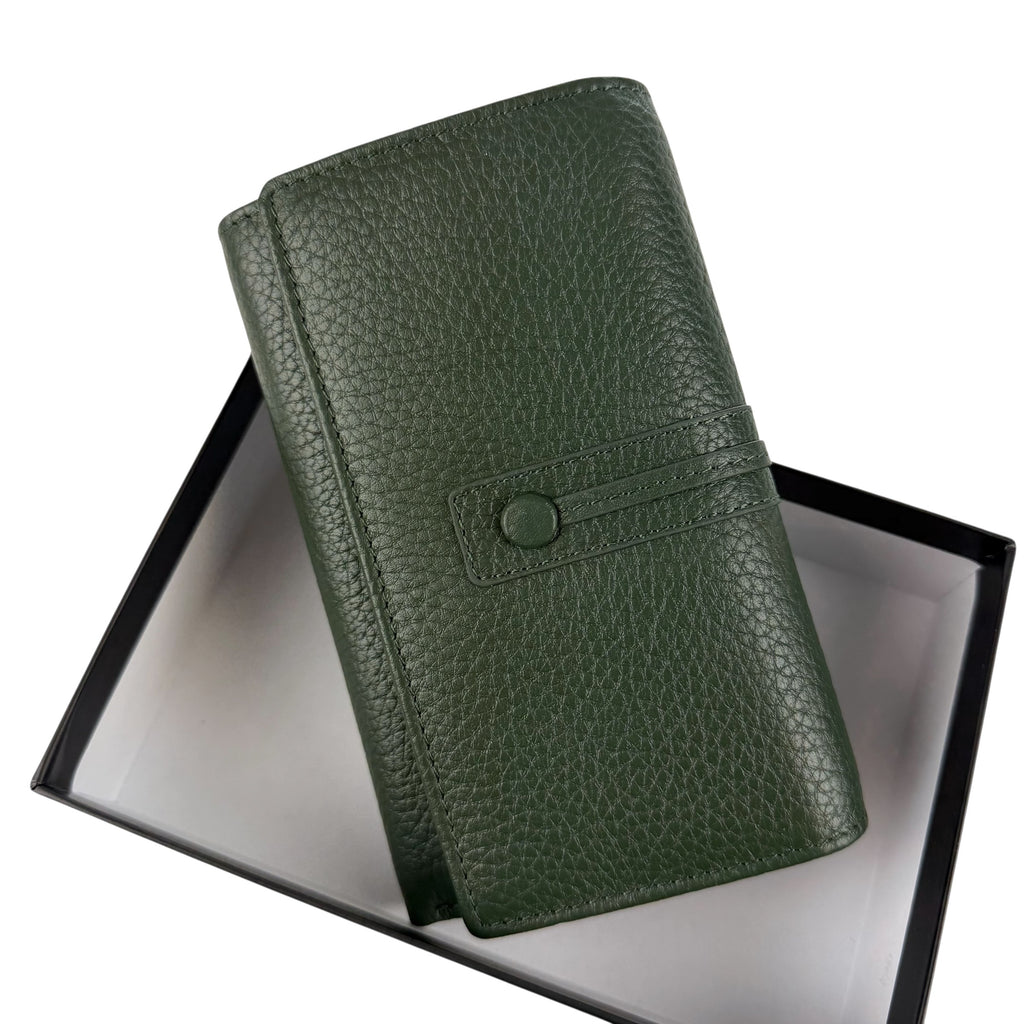 HE259 Forest Green Leather Trifold Flap Wallet