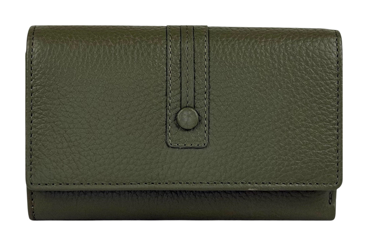 HE260 Olive Green Leather Trifold Flap Wallet