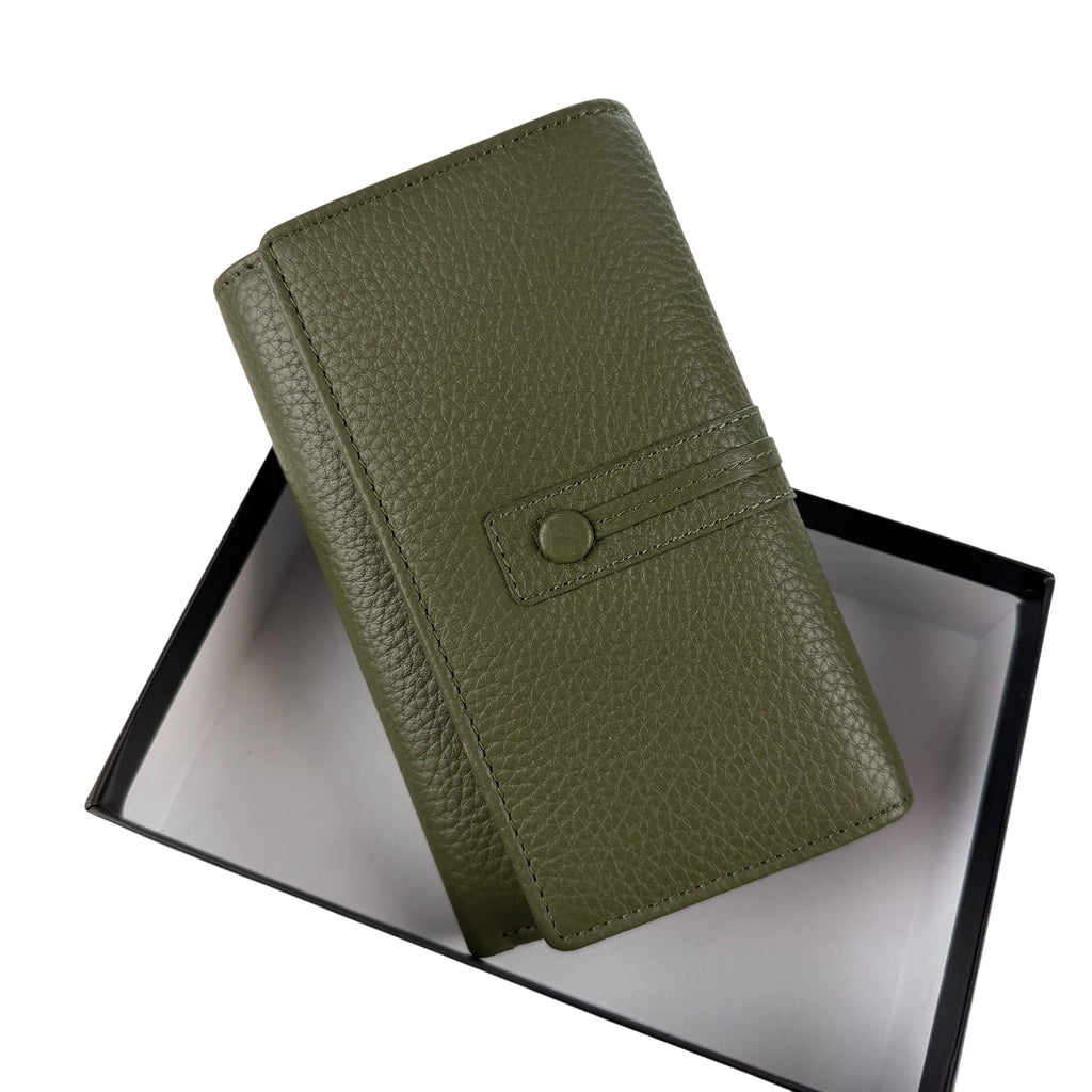 HE260 Olive Green Leather Trifold Flap Wallet