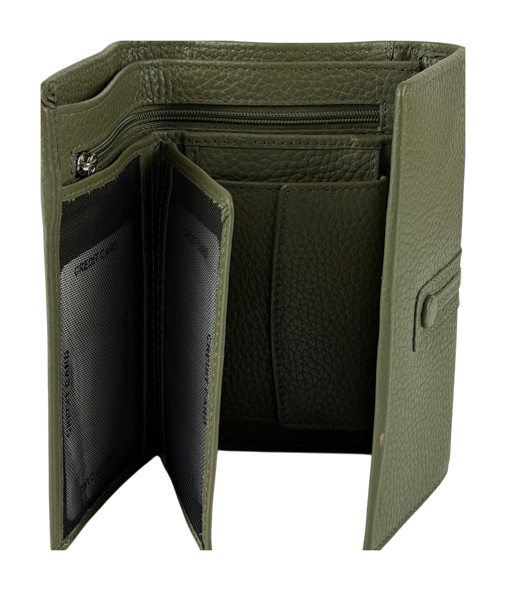 HE260 Olive Green Leather Trifold Flap Wallet