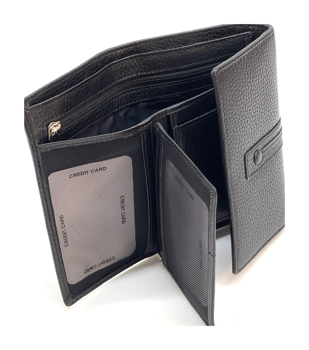HE265 Black Leather Trifold Flap Wallet