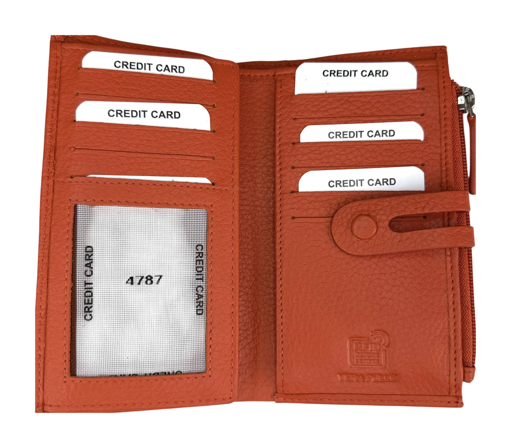 HE289 Papaya Orange Long Leather Snap Wallet