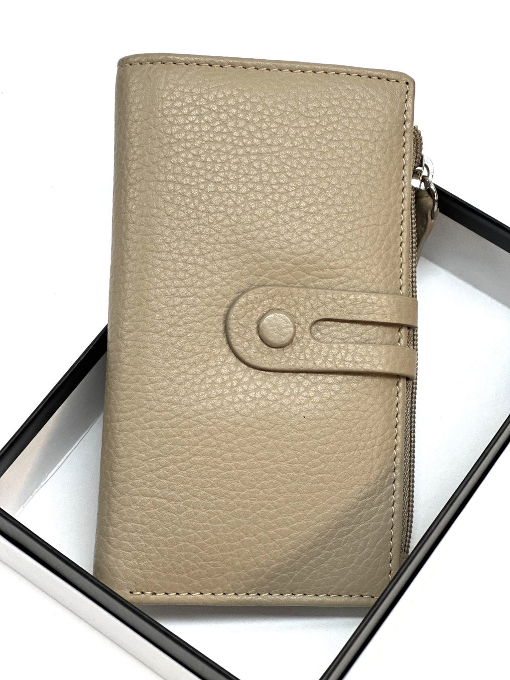 HE298 Taupe Long Leather Snap Wallet