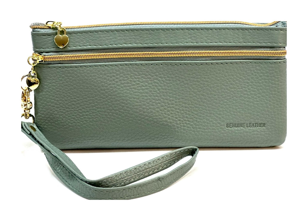 HE306 Sage Blue Leather Wristlet Zip Wallet