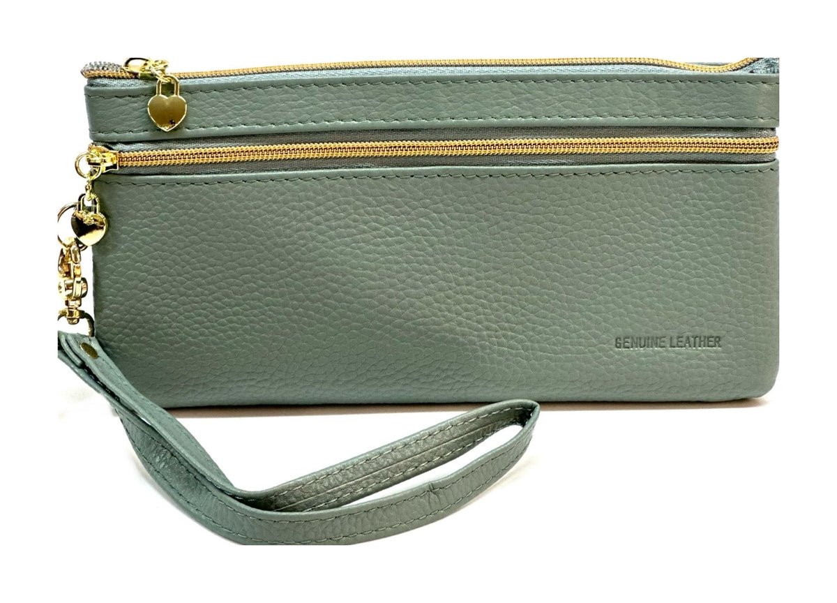 HE306 Sage Blue Leather Wristlet Zip Wallet