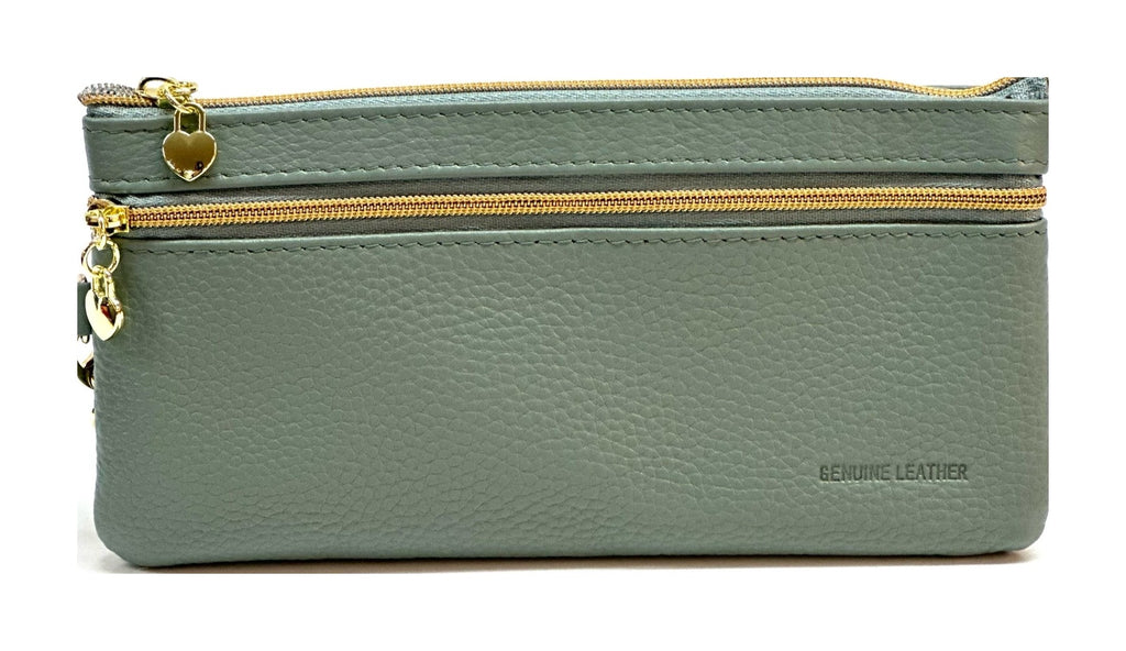 HE306 Sage Blue Leather Wristlet Zip Wallet