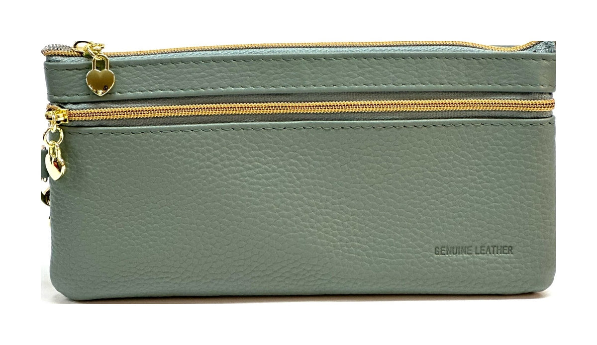 HE306 Sage Blue Leather Wristlet Zip Wallet