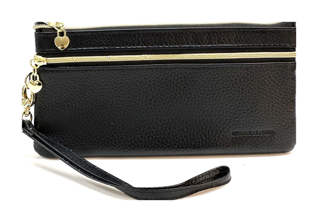 HE313 Black Leather Wristlet Zip Wallet