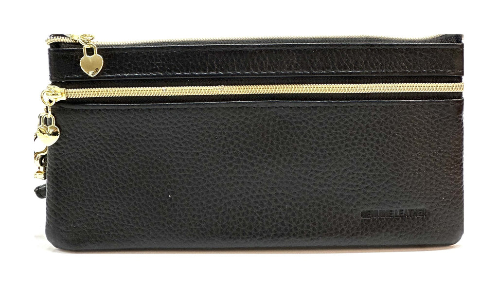 HE313 Black Leather Wristlet Zip Wallet