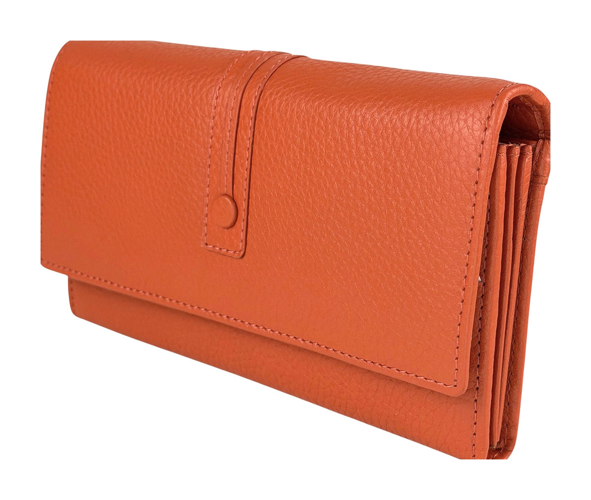 HE340 Papaya Orange Long Leather Flap Wallet