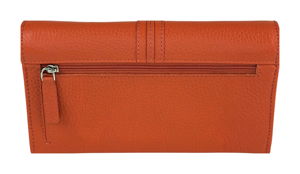 HE340 Papaya Orange Long Leather Flap Wallet