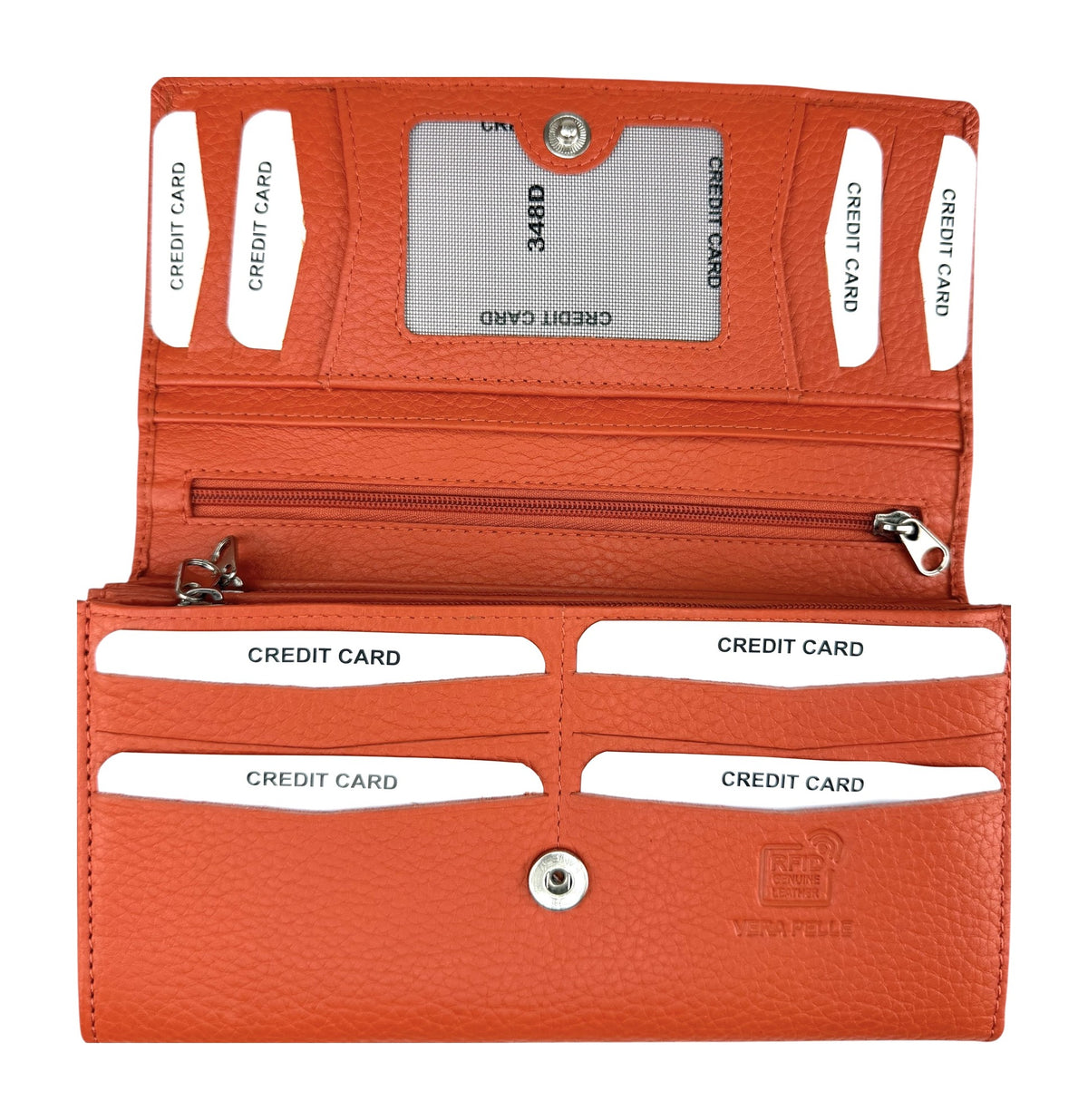 HE340 Papaya Orange Long Leather Flap Wallet