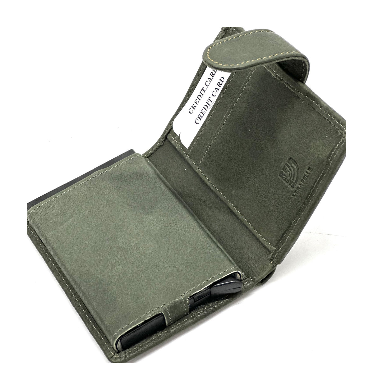HE357 Olive Green Leather Pop Up Card Holder