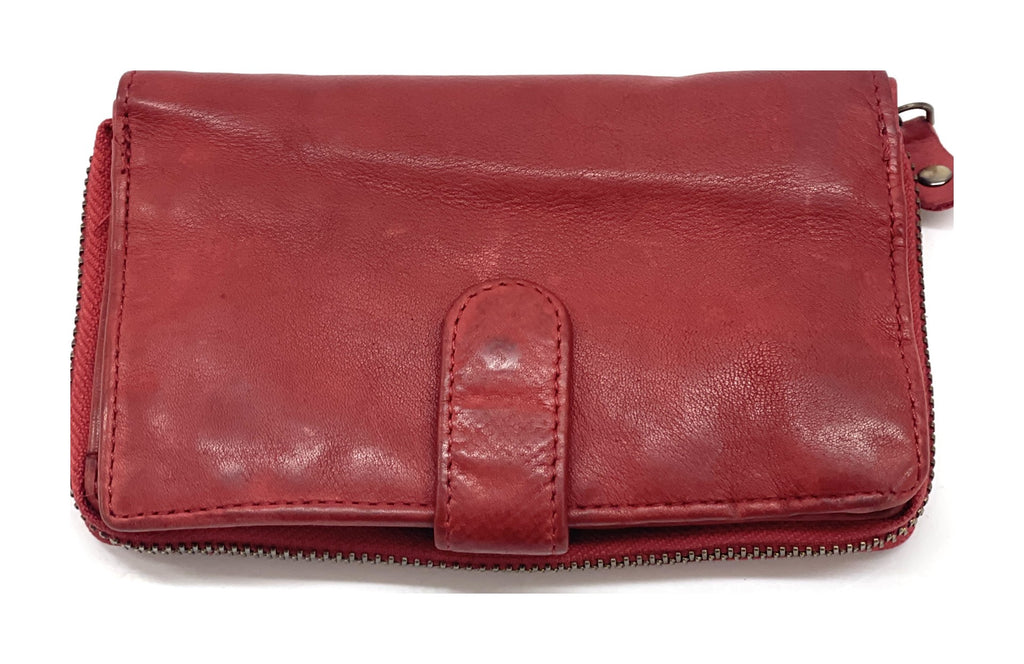 HE438 Red Washed Leather Zip Around Wallet