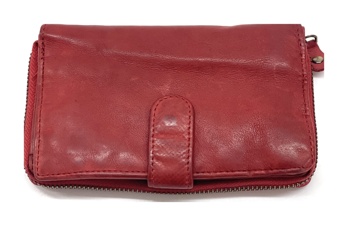 HE438 Red Washed Leather Zip Around Wallet