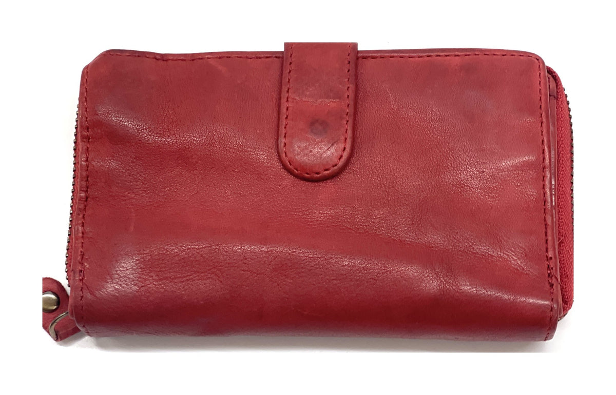 HE438 Red Washed Leather Zip Around Wallet