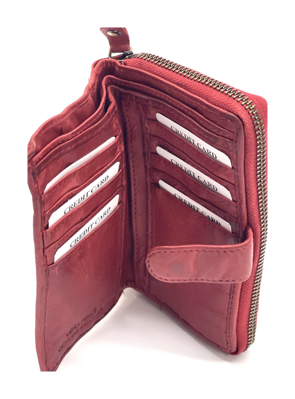 HE438 Red Washed Leather Zip Around Wallet