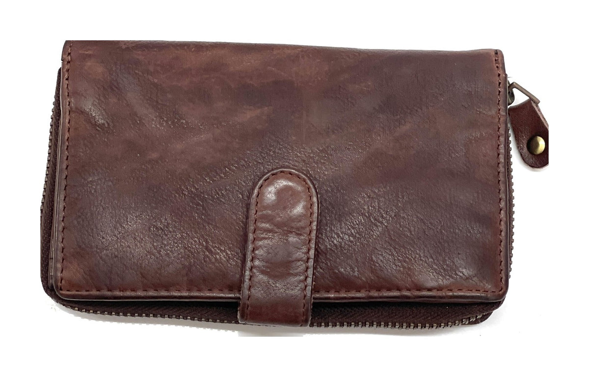 HE441 Burgundy Brown Washed Zip Around Wallet
