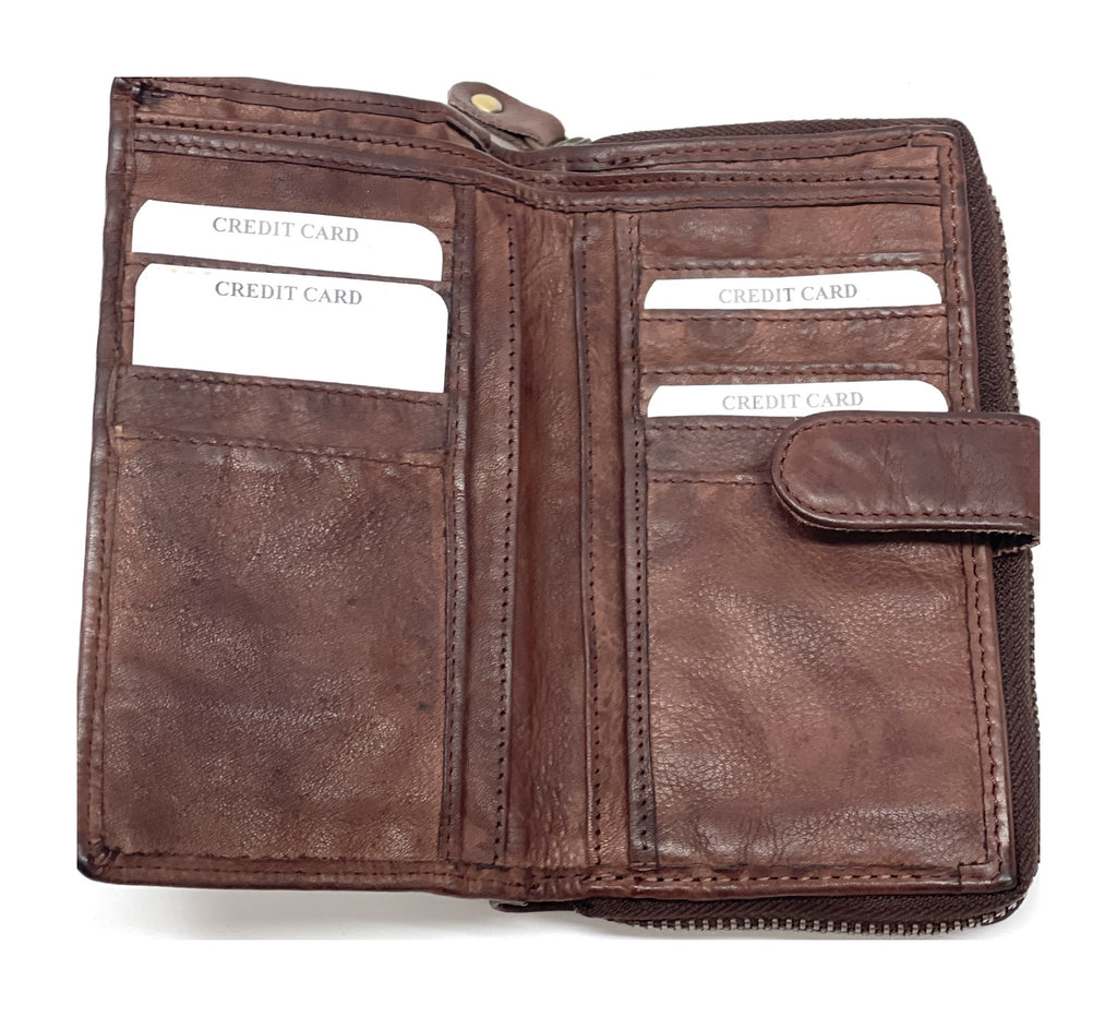 HE441 Burgundy Brown Washed Zip Around Wallet