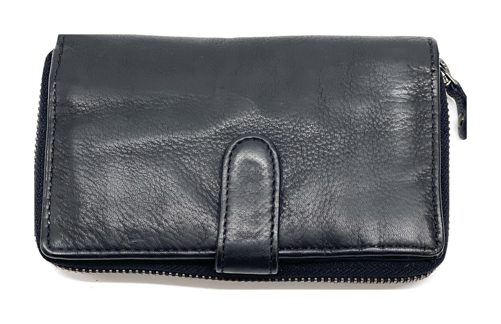 HE442 Black Washed Zip Around Wallet