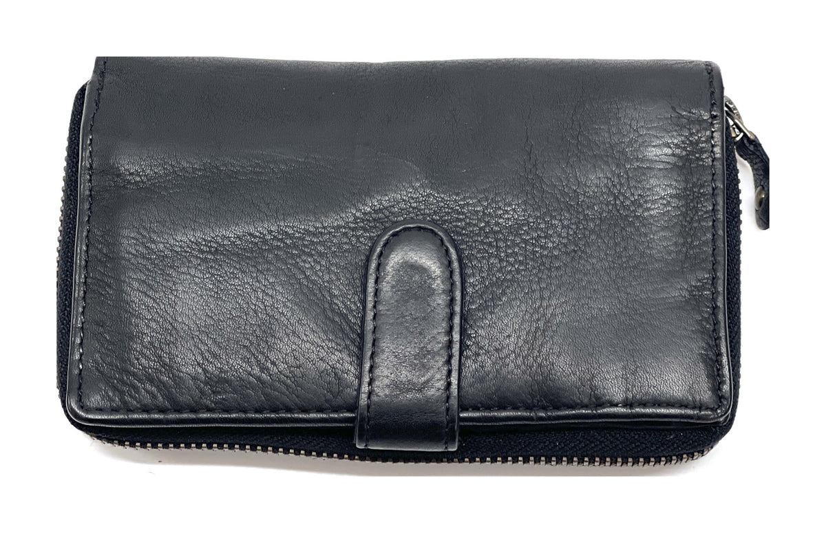 HE442 Black Washed Zip Around Wallet