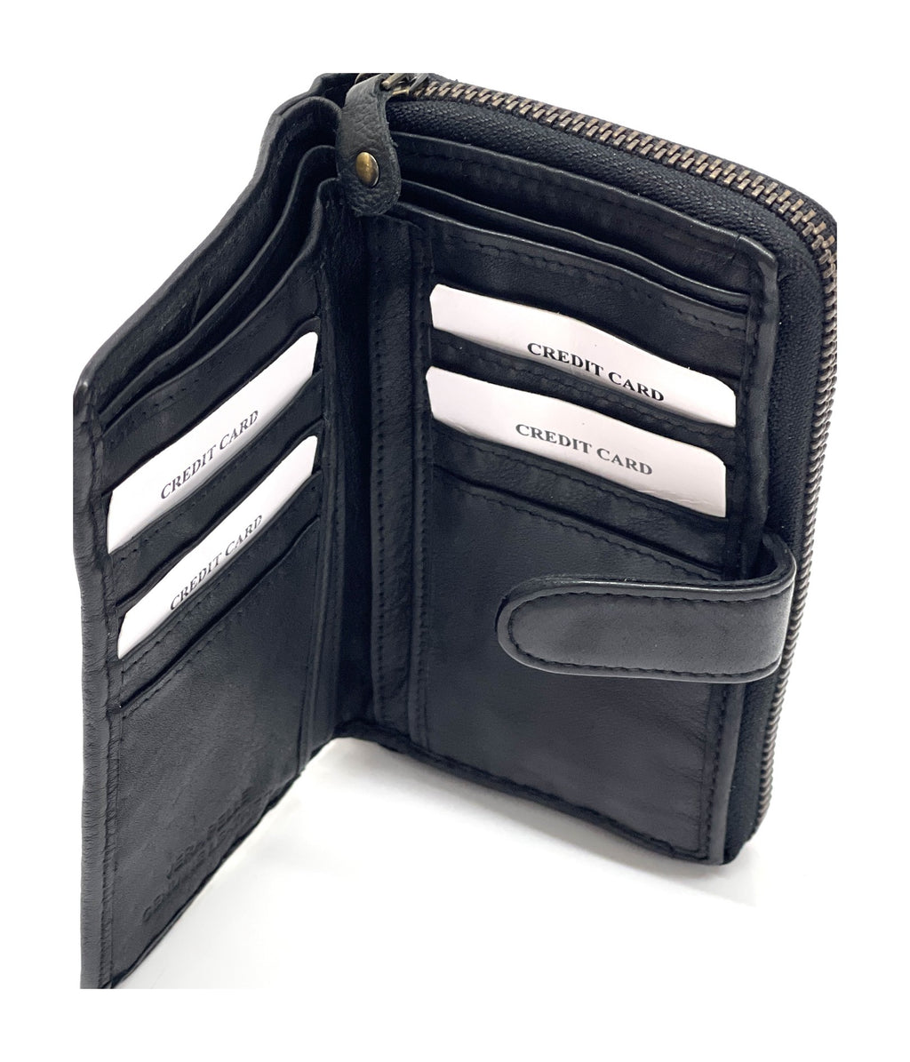 HE442 Black Washed Zip Around Wallet