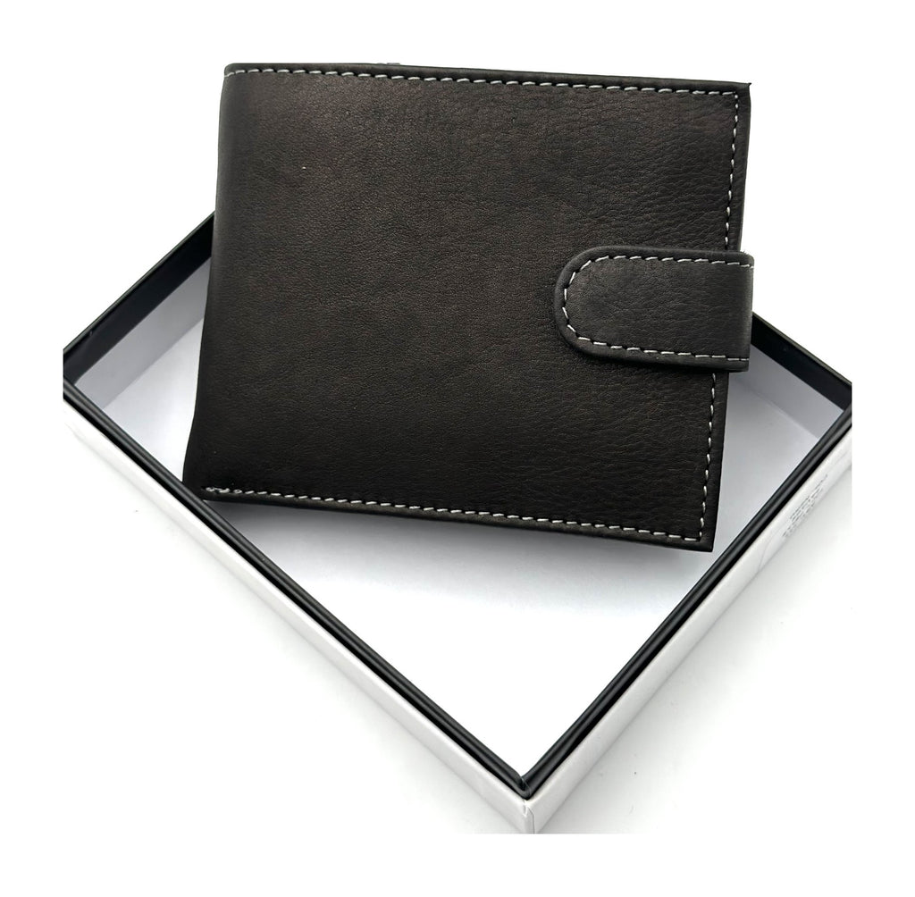 HE452 Black Leather Snap Tab Bifold Wallet