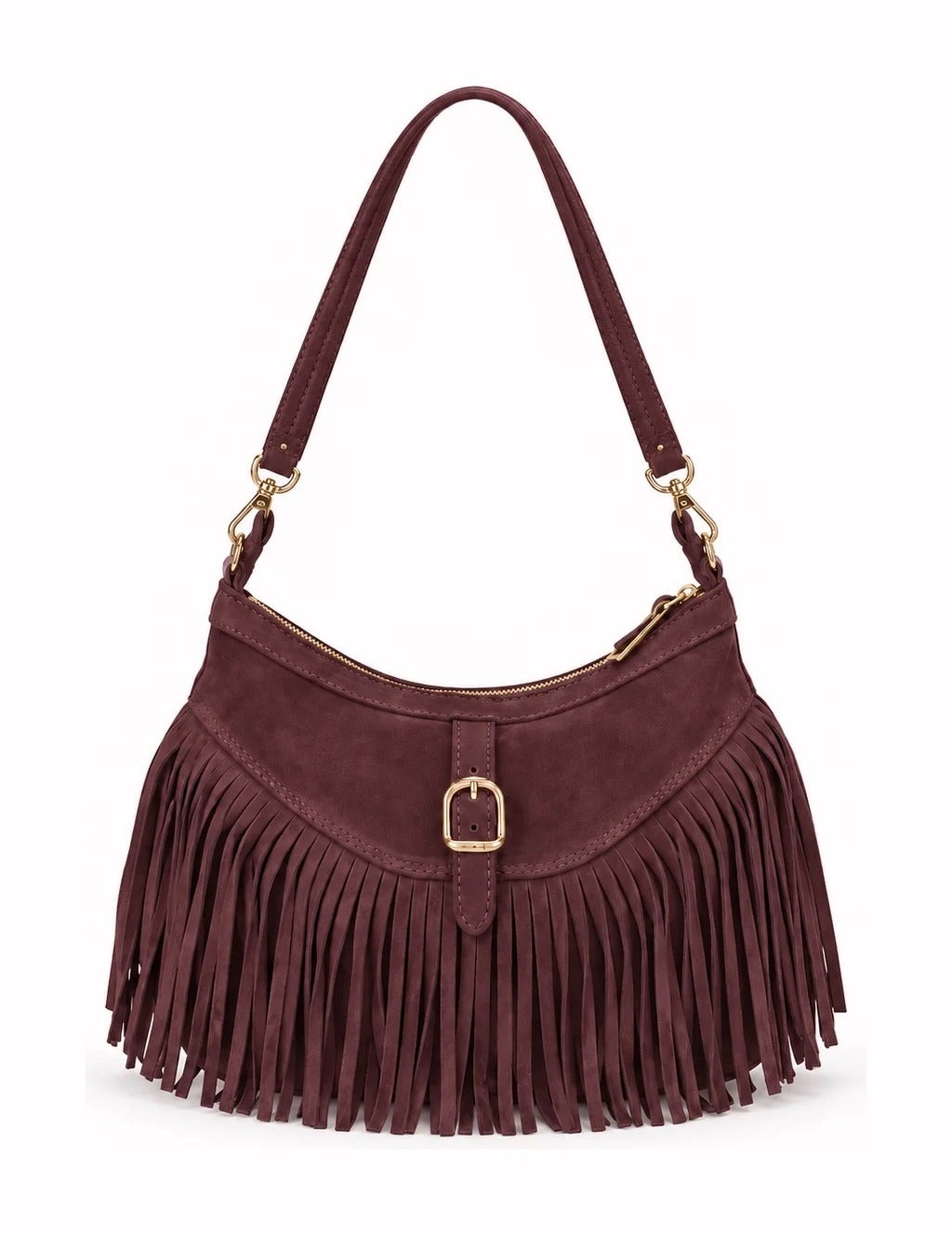 HE522 Burgundy Fringe Suede Hobo Bag