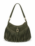 HE523 Military Green Fringe Suede Hobo Bag