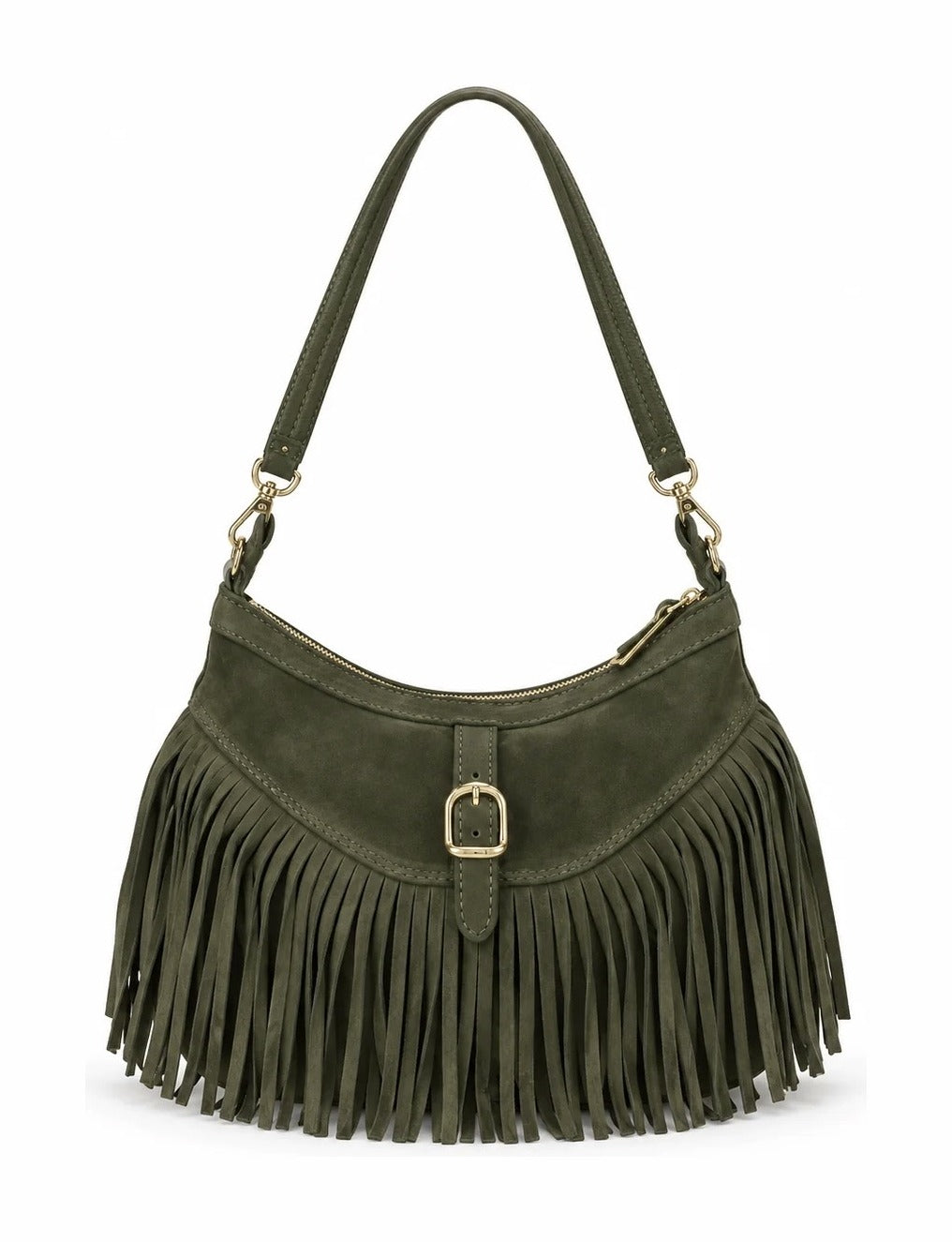 HE523 Military Green Fringe Suede Hobo Bag