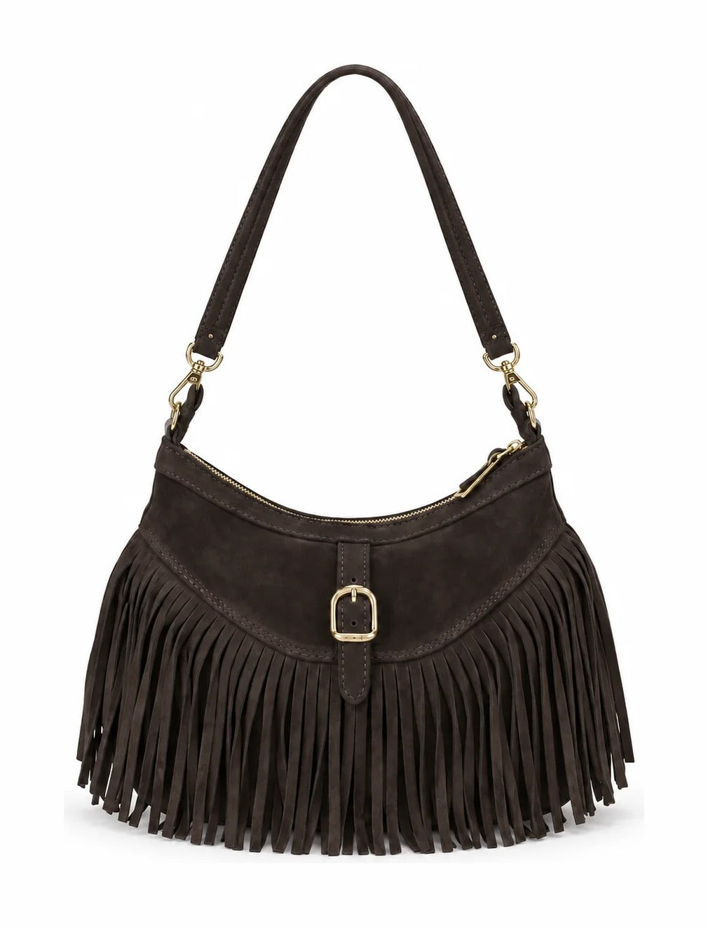 HE526 Dark Brown Fringe Suede Hobo Bag