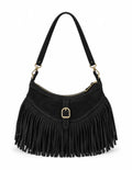 HE527 Black Fringe Suede Hobo Bag