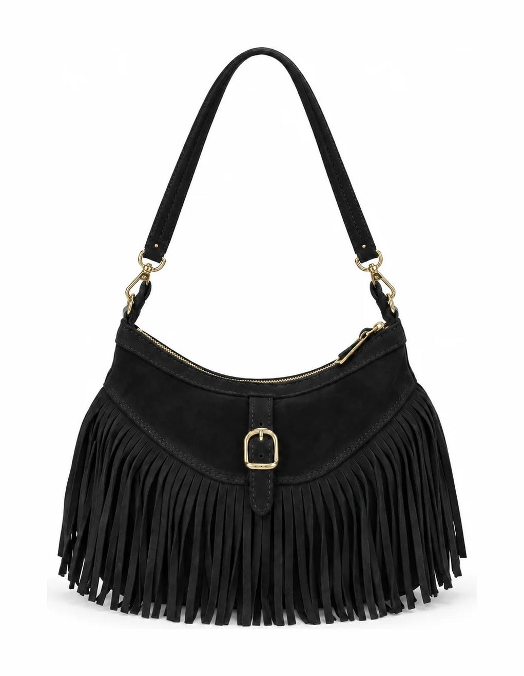 HE527 Black Fringe Suede Hobo Bag