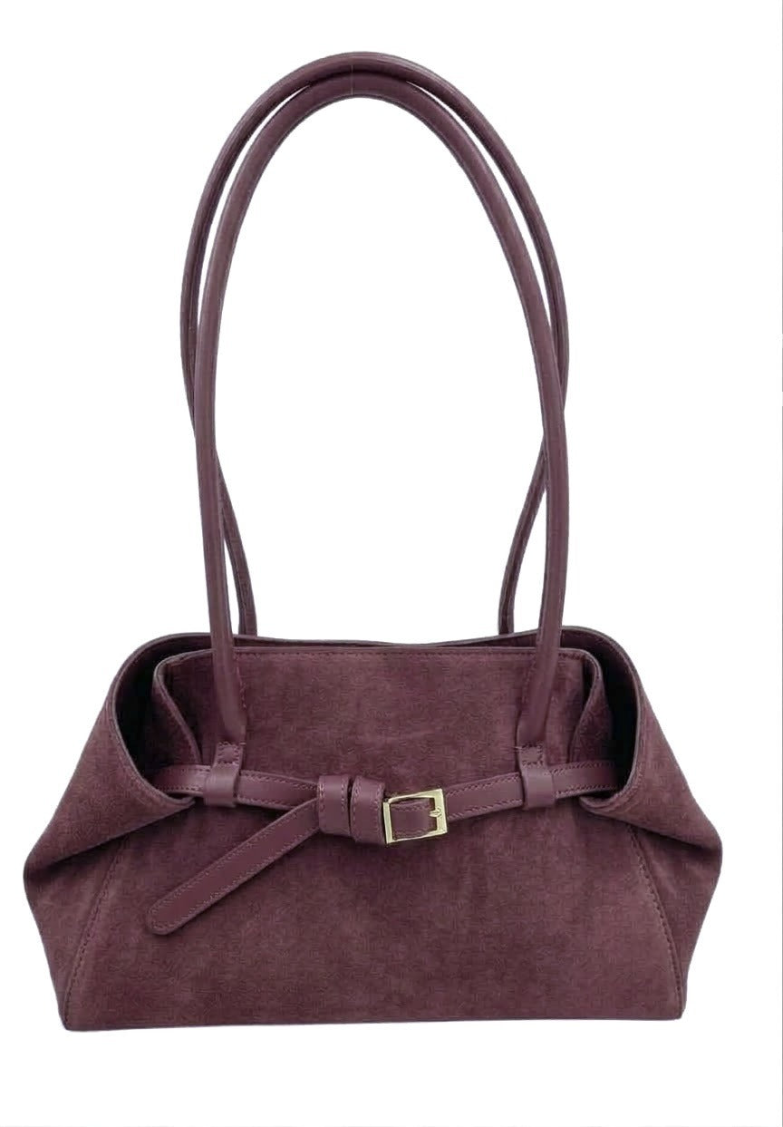 HE532 Burgundy Belted Suede Shoulder Bag