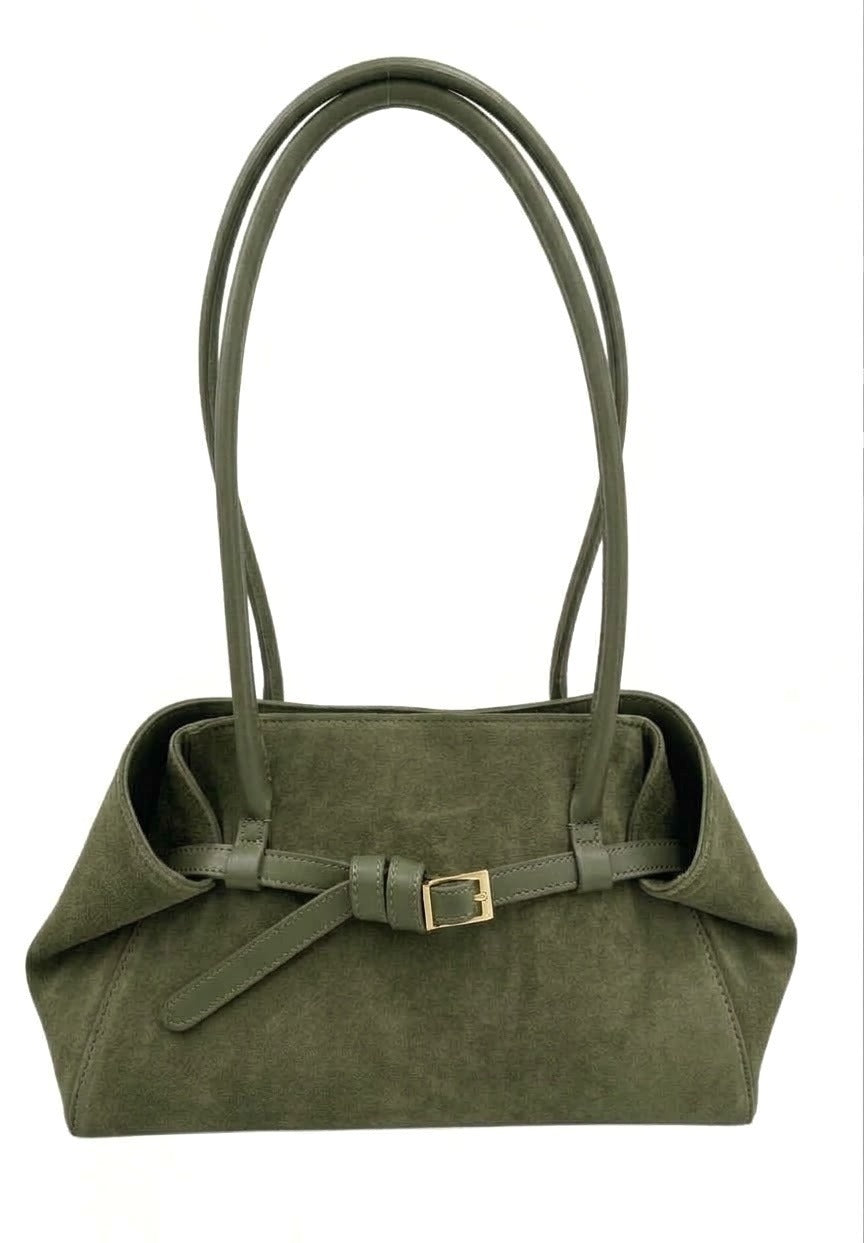 HE533 Military Green Belted Suede Shoulder Bag