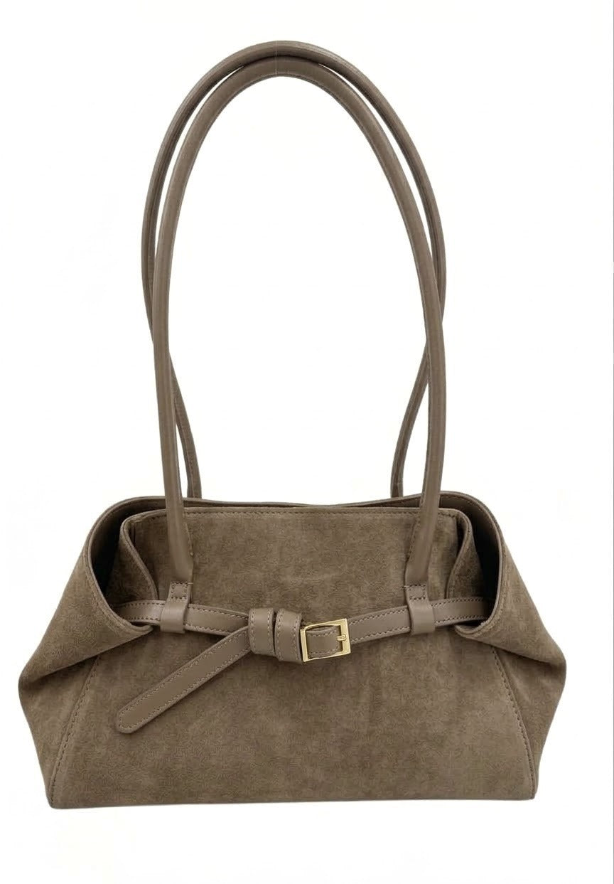 HE534 Dark Taupe Belted Suede Shoulder Bag