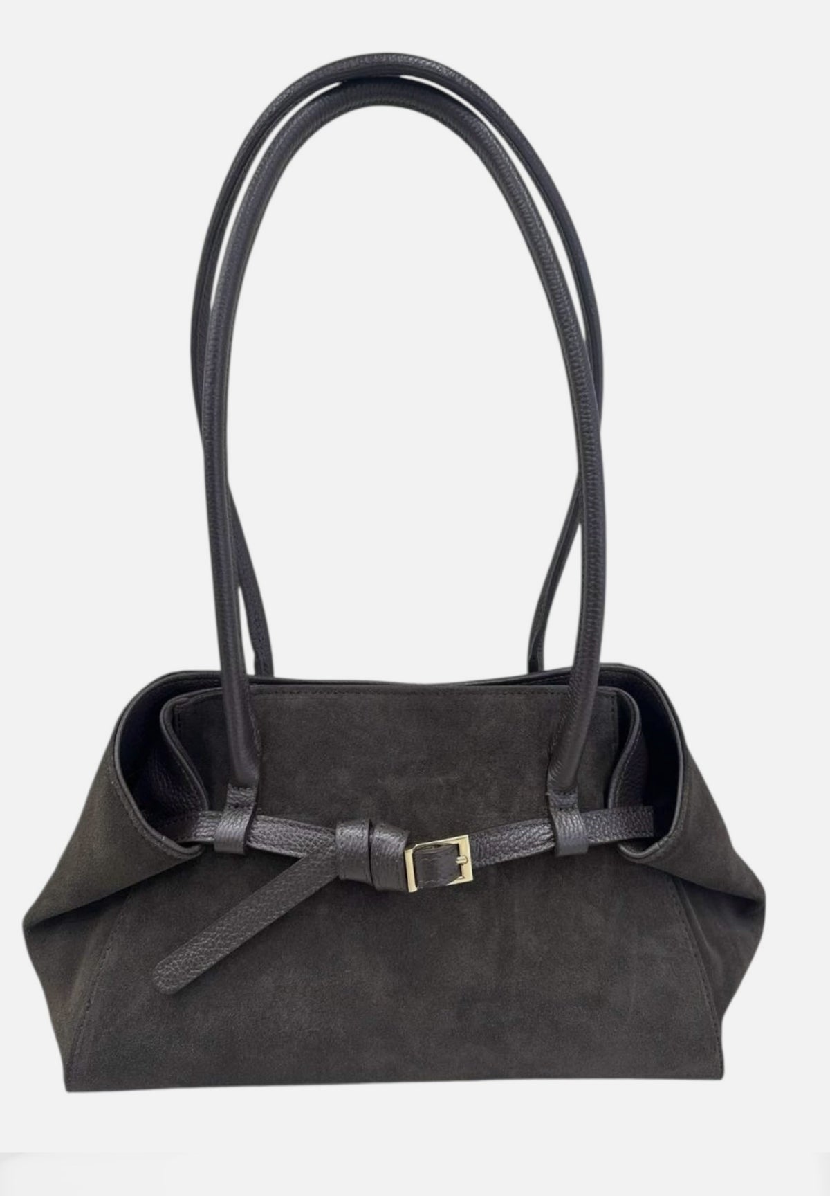 HE536 Dark Brown Belted Suede Shoulder Bag