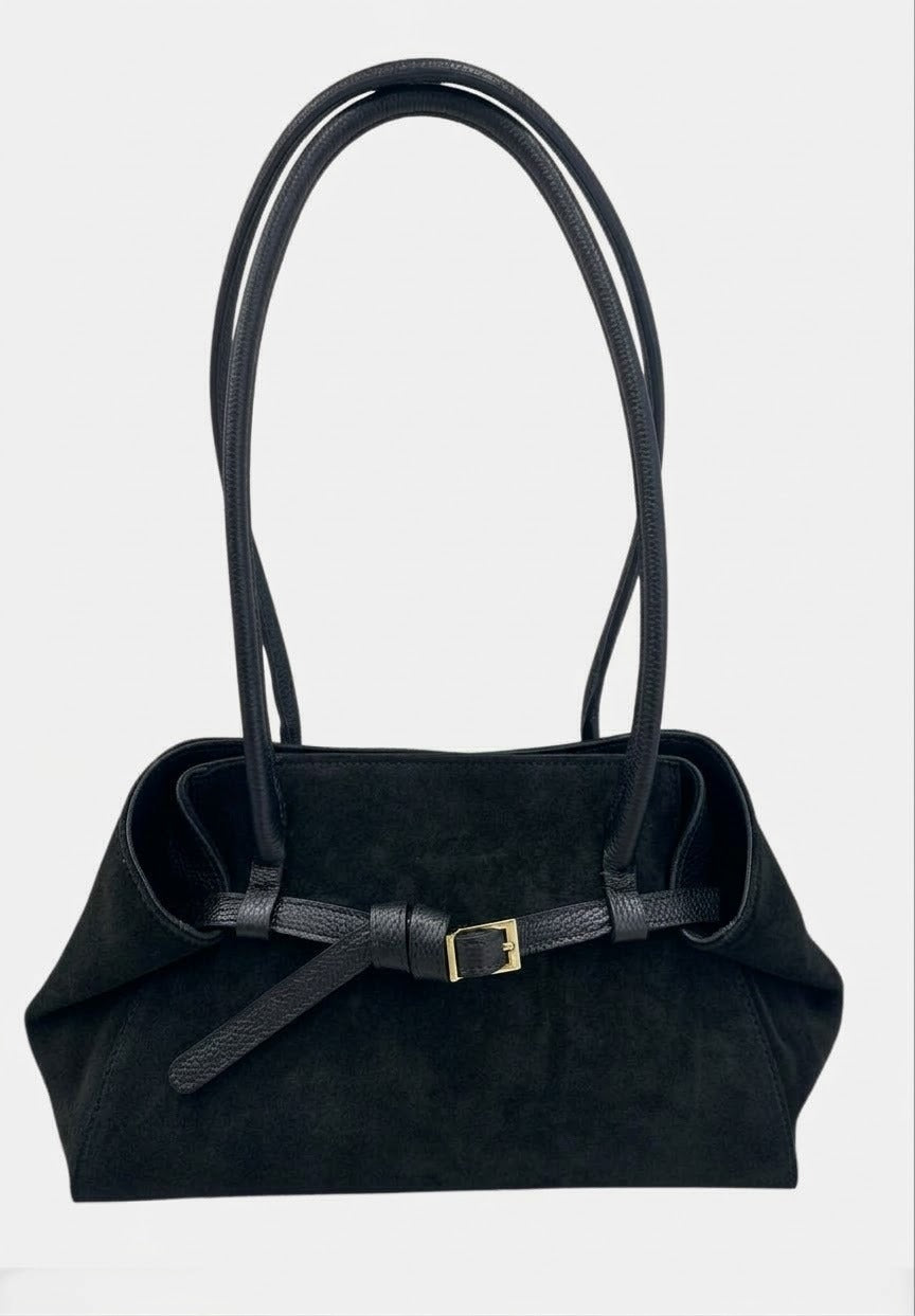 HE537 Black Belted Suede Shoulder Bag