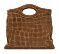 HE541 Dark Tan Croc-Embossed Suede Top Handle Bag