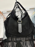 HE555 Black Fringe Suede Hobo Bag