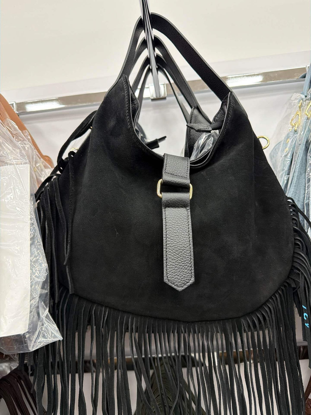 HE555 Black Fringe Suede Hobo Bag