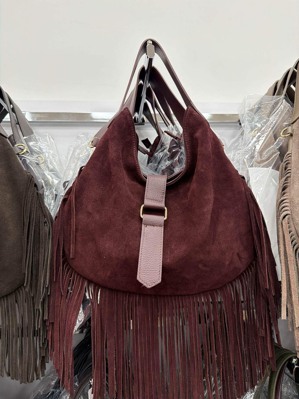 HE556 Burgundy Fringe Suede Hobo Bag