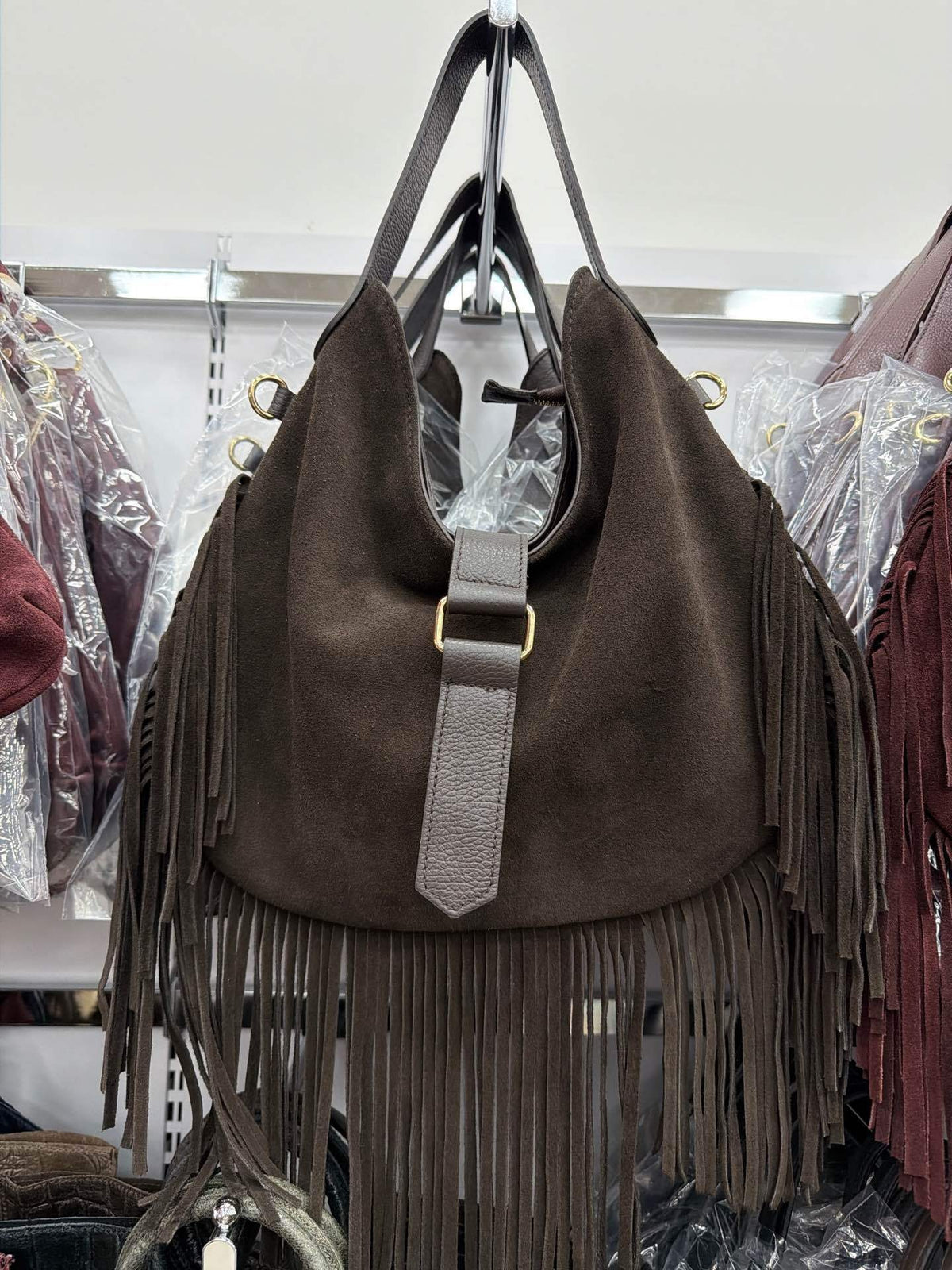 HE557 Dark Brown Fringe Suede Hobo Bag