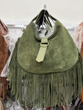 HE560 Military Green Fringe Suede Hobo Bag